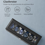SONGMICS Uhrenbox für 6 Uhren, Uhrenkasten mit Glasdeckel, Uhrenkissen aus Samt, Uhrenkoffer mit Schloss, 11,2 x 30 x 8 cm