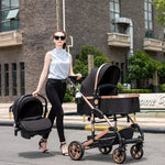 Luxe 3-in-1 kinderwagen, draagbare reiswagen, opvouwbare buggy met aluminium frame en hoge zitpositie, geschikt voor pasgeboren baby's, zwart.