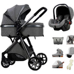 Luxe 3-in-1 kinderwagen, draagbare reiswagen, opvouwbare kinderwagen met hoog zitvlak en aluminium frame, geschikt voor pasgeborenen.
