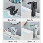 Schwarzer hoher LED-Wasserfall-Waschtisch-Badezimmer-Wasserhahn, Deckmontage, Mischbatterien für heißes und kaltes Wasser, drei Farbwechsel durch den Wasserdurchfluss