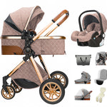 Luxe 3-in-1 kinderwagen, draagbare reiswagen, opvouwbare kinderwagen met hoog zitvlak en aluminium frame, geschikt voor pasgeborenen.