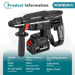 YOFIDRA 1680W borstelloze elektrische hamer, snoerloze multifunctionele boor- en slagboormachine, roterend elektrisch gereedschap voor 21V en 18V accu's