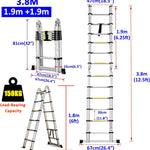 A-frame uitschuifladder 3,8 m, aluminium uitschuifladder, multifunctioneel, met stabilisatiestang, EN131