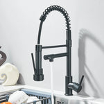 Uittrekbare messing keukenkraan met warm en koud water, mengkraan met dubbele uitloop en 360° draaibare montage.