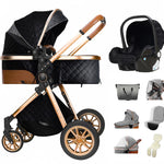 Luxe 3-in-1 kinderwagen, draagbare reiswagen, opvouwbare kinderwagen met hoog zitvlak en aluminium frame, geschikt voor pasgeborenen.