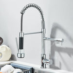 Uittrekbare messing keukenkraan met warm en koud water, mengkraan met dubbele uitloop en 360° draaibare montage.