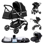 Luxe 3-in-1 kinderwagen, draagbare reiswagen, opvouwbare buggy met aluminium frame en hoge zitpositie, geschikt voor pasgeboren baby's, zwart.