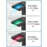 Schwarzer hoher LED-Wasserfall-Waschtisch-Badezimmer-Wasserhahn, Deckmontage, Mischbatterien für heißes und kaltes Wasser, drei Farbwechsel durch den Wasserdurchfluss