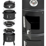 3-in-1-BBQ-Holzkohlegrill, Grill, Räucherfass, Räuchergrill mit Thermometer – 3-in-1-Räucherfass für Kochen im Freien