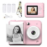 Draagbare digitale kindercamera 2,4 inch 1080p met dubbele camera, instant printfunctie en MP3-weergave, inclusief 3 rollen printpapier.