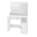 Schminktisch mit Spiegel und 10 LED-Leuchten, mit 2 Schubladen & 1 Schrank, 3 Regalen & 4 offenen Fächern