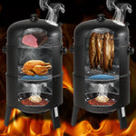 3-in-1-BBQ-Holzkohlegrill, Grill, Räucherfass, Räuchergrill mit Thermometer – 3-in-1-Räucherfass für Kochen im Freien