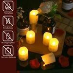 Set van 6 oplaadbare LED-kaarsen met timer, afstandsbediening en flikkerende vlammen, geschikt voor bruiloften, verjaardagen en als decoratie. Inclusief theelichtjes en USB-oplader.