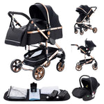 Luxe 3-in-1 kinderwagen, draagbare reiswagen, opvouwbare buggy met aluminium frame en hoge zitpositie, geschikt voor pasgeboren baby's, zwart.