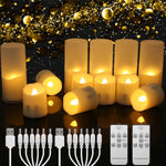 Set van 6 oplaadbare LED-kaarsen met timer, afstandsbediening en flikkerende vlammen, geschikt voor bruiloften, verjaardagen en als decoratie. Inclusief theelichtjes en USB-oplader.