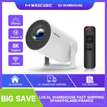 Magcubic Mini Projector ondersteunt 8K en 720P met dual-band wifi 6 en 5G draadloze verbinding, draait op Android 14, heeft een resolutie van 290 ANSI en een 180° draaibare videolens. HY300 Pro