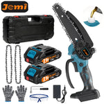 Jemi Tool 6 inch draagbare, draadloze, oplaadbare elektrische kettingzaag met twee accu's, houtzaag, snoeigereedschap voor tuin en boomgaard.