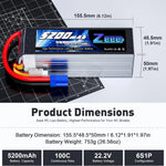Zeee 6S LiPo-batterij voor FPV-drones, 22,2V 100C 5200mAh met EC5-stekker voor vliegtuigen, helikopters, RC-auto's, vrachtwagens, boten en RC-modelonderdelen.