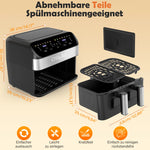 Airfryer 10 liter met verwijderbare scheidingswand, kijkvenster, digitaal LED-touchscreen, 12 functies, heteluchtcirculatie, 2600 W