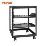 VEVOR Open Frame Server Rack 12U/15U/20U, staand of wandmontage, met verstelbare diepte, voor microdatacenters en kantooromgevingen.