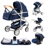 Luxe 3-in-1 kinderwagen, draagbare reiswagen, opvouwbare buggy met aluminium frame en hoge zitpositie, geschikt voor pasgeboren baby's, zwart.