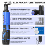Elektrische, snoerloze ratelsleutel met rechtse slag, 3/8'' 90° hoek, inclusief LED-werklamp en 7-delige doppenset, inclusief 2 accu's.