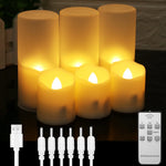 Set van 6 oplaadbare LED-kaarsen met timer, afstandsbediening en flikkerende vlammen, geschikt voor bruiloften, verjaardagen en als decoratie. Inclusief theelichtjes en USB-oplader.