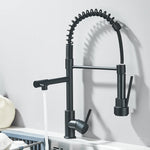 Uittrekbare messing keukenkraan met warm en koud water, mengkraan met dubbele uitloop en 360° draaibare montage.