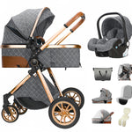 Luxe 3-in-1 kinderwagen, draagbare reiswagen, opvouwbare kinderwagen met hoog zitvlak en aluminium frame, geschikt voor pasgeborenen.