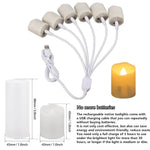 Set van 6 oplaadbare LED-kaarsen met timer, afstandsbediening en flikkerende vlammen, geschikt voor bruiloften, verjaardagen en als decoratie. Inclusief theelichtjes en USB-oplader.