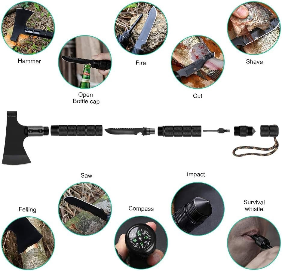 9-in-1 draagbare overlevingsbijl, multifunctioneel gereedschap voor kamperen in de jungle, bomen kappen, wandelen, noodgevallen, outdooravonturen, backpacken, bushcraft en overlevingsuitrusting in de wildernis
