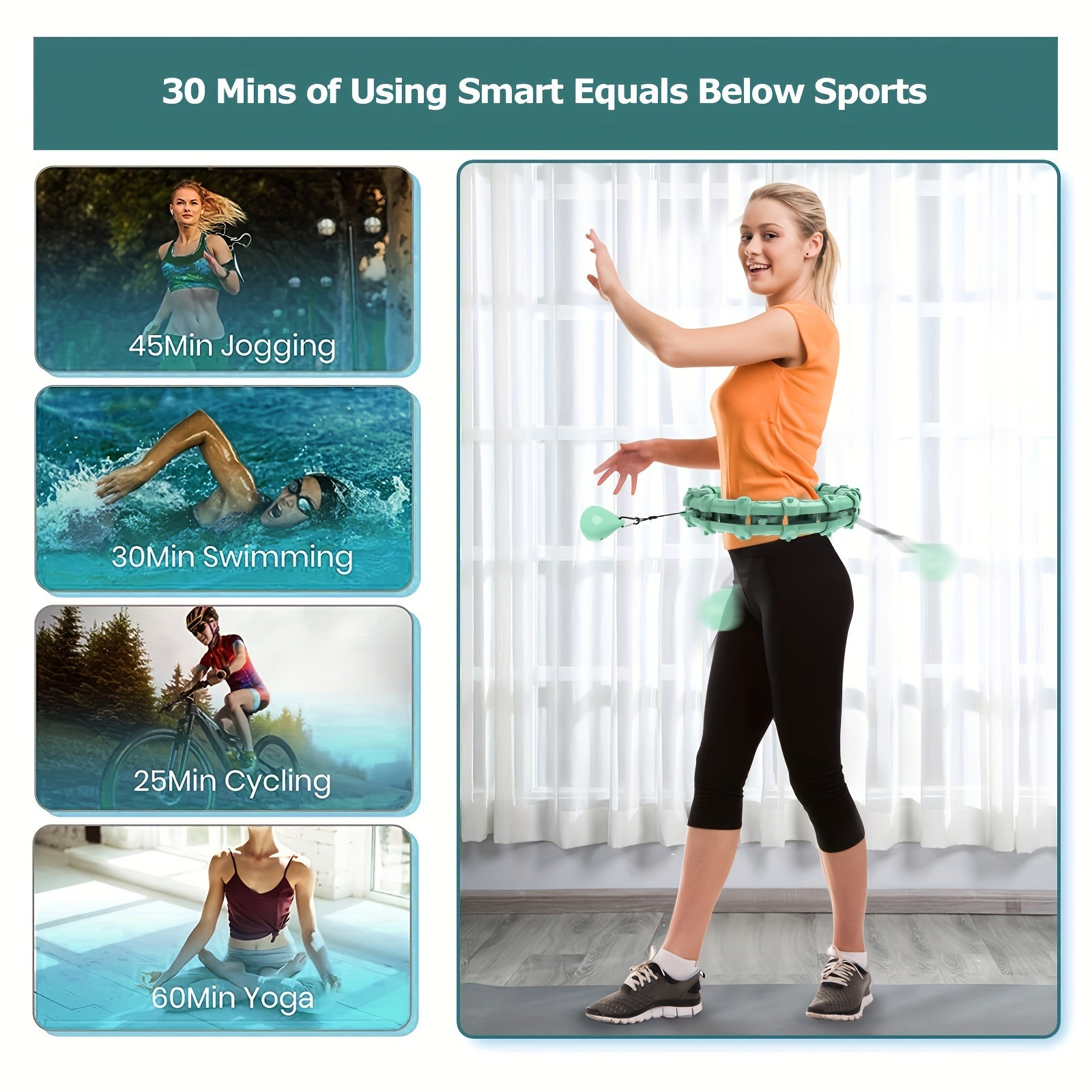 Verstelbare Smart Fitnessring met gewichtsbal - Stil, groen, PC-materiaal voor thuisworkouts en lichaamsvorming, 30-minuten timer, verwijderbare knoop - Ideaal voor joggen, zwemmen, fietsen en yoga, trainingsaccessoires