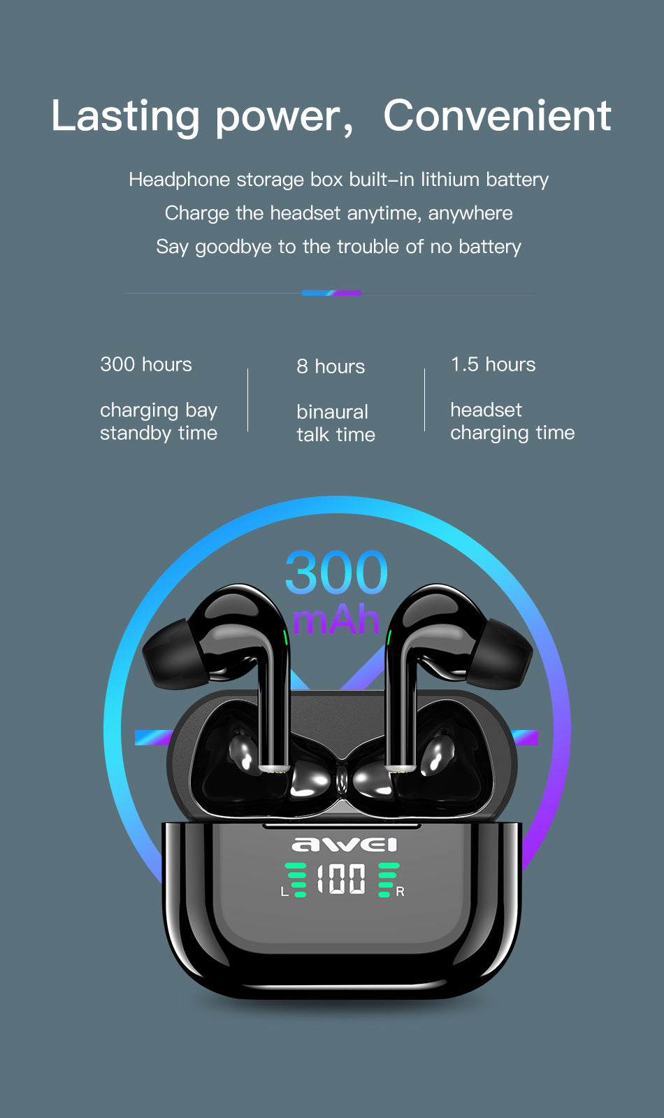 AWEI True Wireless Bluetooth-oplaadpod-hoofdtelefoon