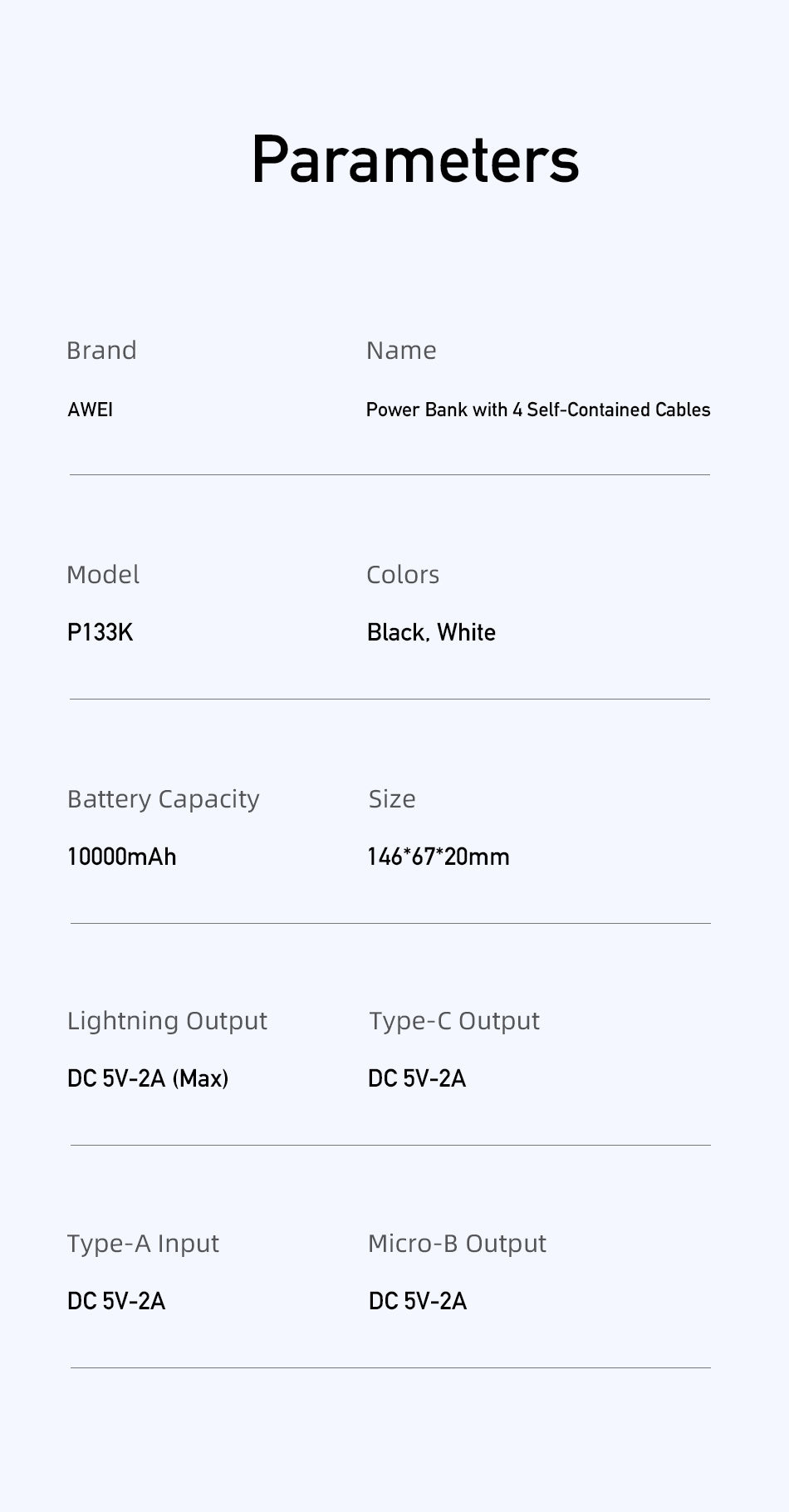 AWEI Ingebouwde bedrade intelligente powerbank met meerdere uitgangen