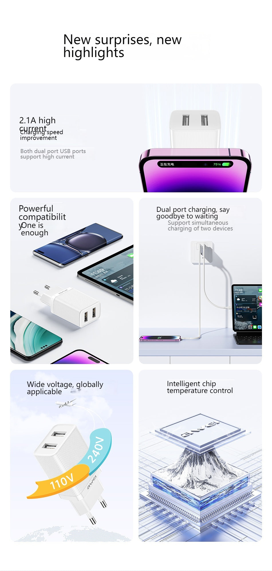 AWEI C15L Dubbele USB-oplaadkop, Lightning-kabelset 1M