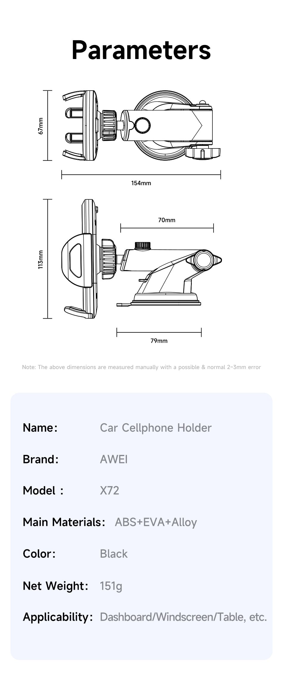 AWEI Zuignaptype Eenvoudige Auto Mobiele Telefoonhouder
