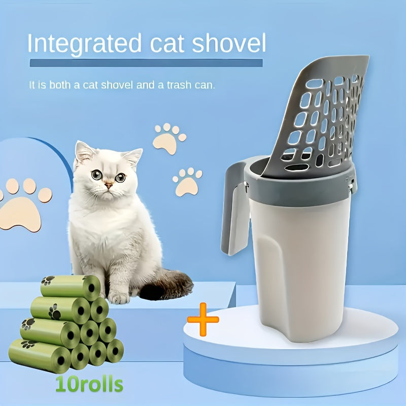 10-delige luxe kattenbakschepset - Duurzaam PP-materiaal voor langdurig gebruik, efficiënte kattenbakzeef met geïntegreerde afvalzakdispenser voor eenvoudige reiniging, geschikt voor alle kattenrassen en kattenbakvullingen.