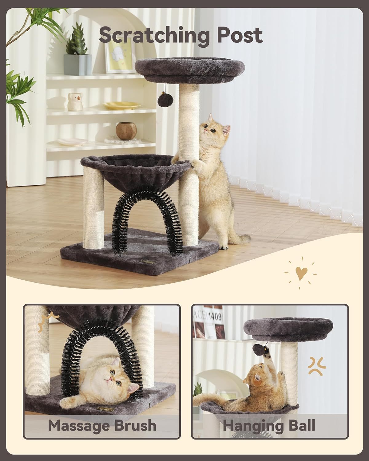 27.8 inch hoge kattentoren voor binnenkatten. Kattenmeubel met meerdere niveaus, met sisal krabpalen, pluchen zitstokken en hangende speeltjes. Grote, duurzame kattentoren, perfect cadeau voor kattenliefhebbers.