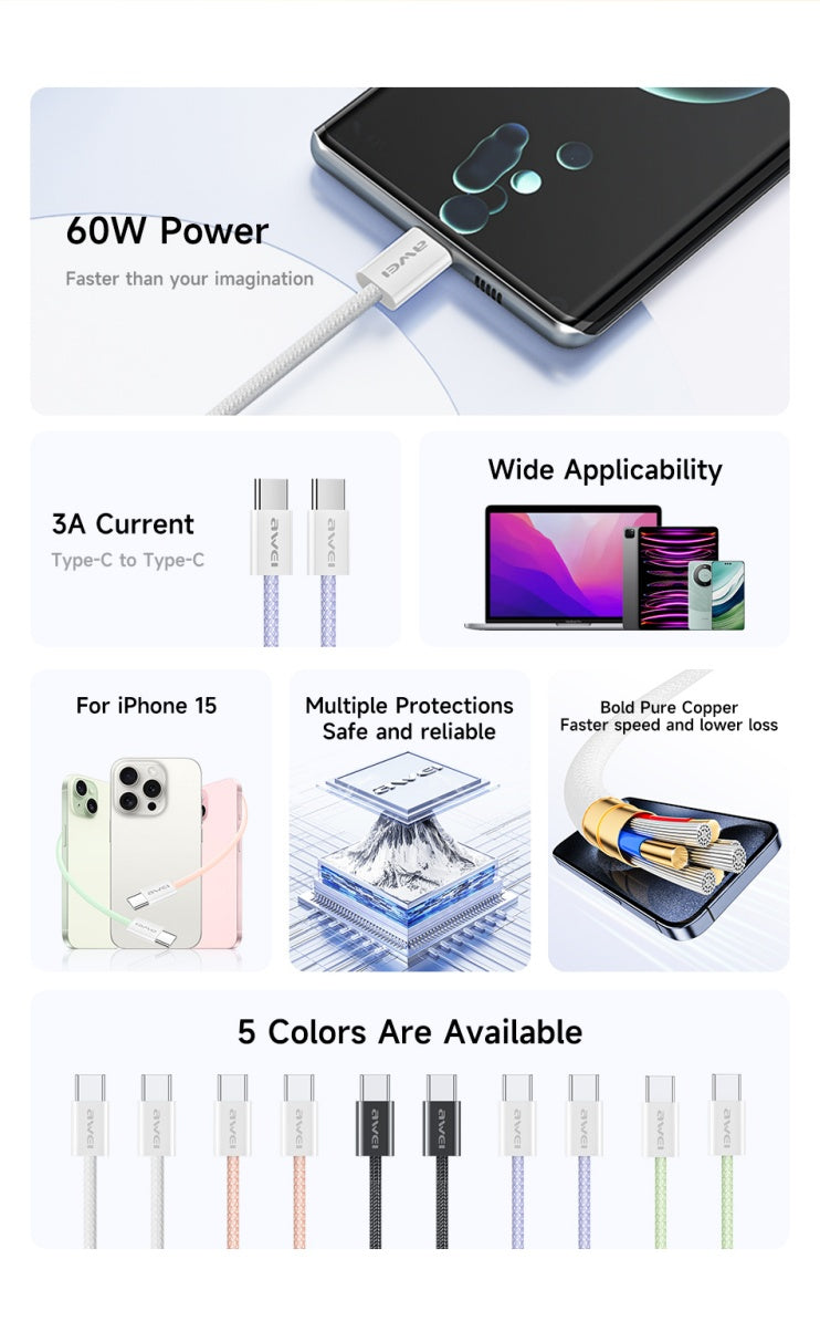 AWEI TYPE-C naar TYPE-C gevlochten touw 60W snellaadkabel 2m