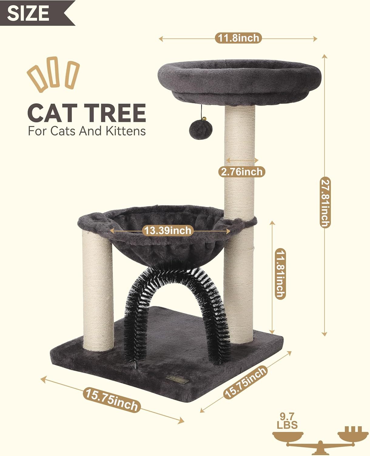 27.8 inch hoge kattentoren voor binnenkatten. Kattenmeubel met meerdere niveaus, met sisal krabpalen, pluchen zitstokken en hangende speeltjes. Grote, duurzame kattentoren, perfect cadeau voor kattenliefhebbers.