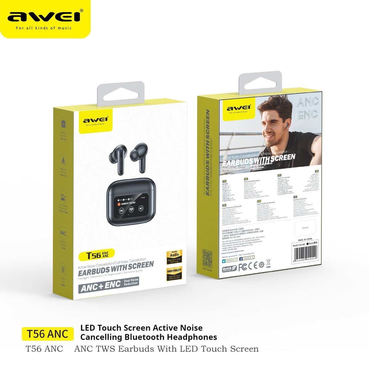 AWEI LED-touchscreen Bluetooth-headset met actieve ruisonderdrukking