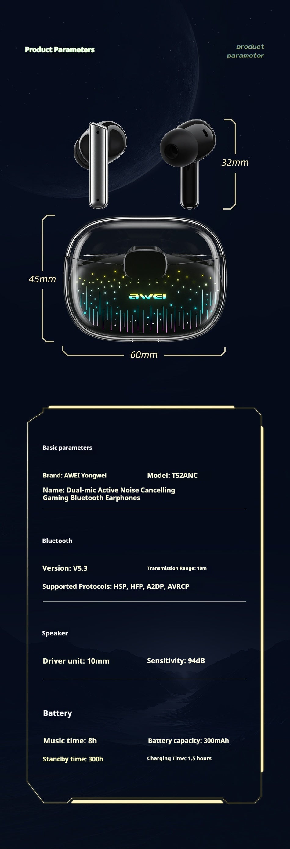 AWEI Starry Sky Dual Microphone Actieve ruisonderdrukking Gaming Bluetooth Headset