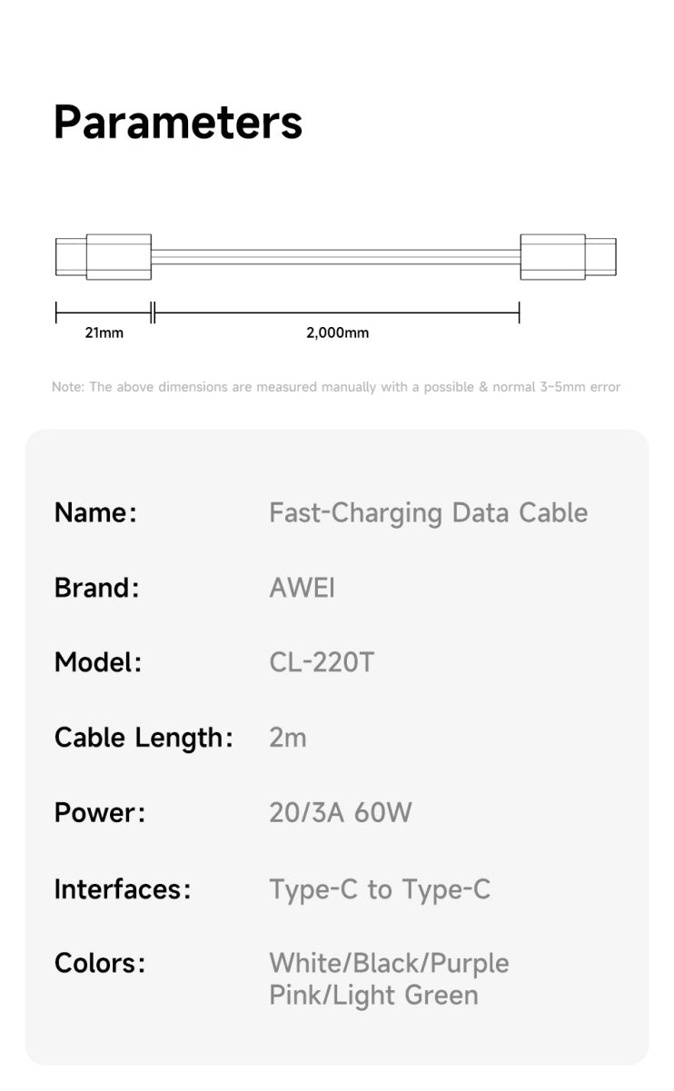 AWEI TYPE-C naar TYPE-C gevlochten touw 60W snellaadkabel 2m