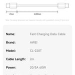 AWEI TYPE-C naar TYPE-C gevlochten touw 60W snellaadkabel 2m