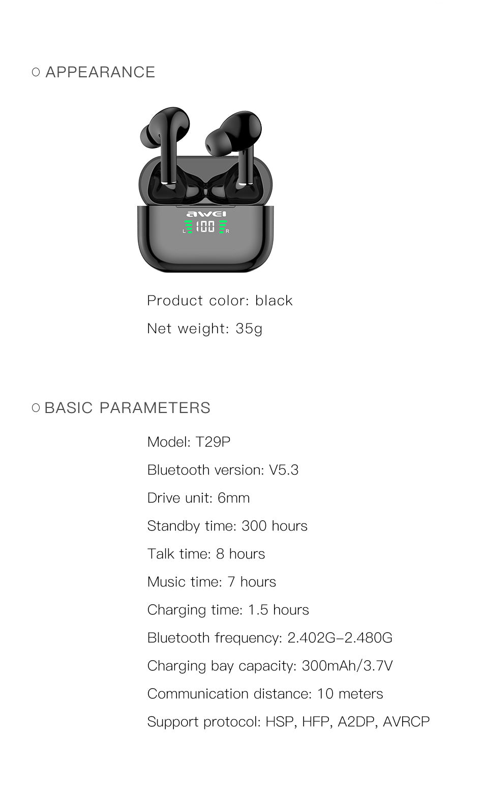 AWEI True Wireless Bluetooth-oplaadpod-hoofdtelefoon