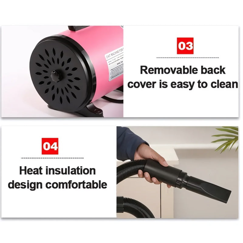Professionele föhn voor het verzorgen van huisdieren met instelbare snelheid en temperatuur, 4 mondstukken voor honden en katten, stille, robuuste föhn - elektrisch met snoer, roze en blauw