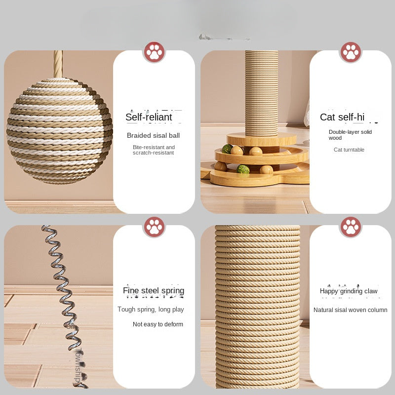 Interactieve kattenkrabpaal met roterend platform - Duurzame krabpaal met fluwelen touw en bal, geschikt voor kittens en volwassen katten, meerlaags ontwerp met hangende speeltjes, huisdieraccessoires, kattenspeelgoed
